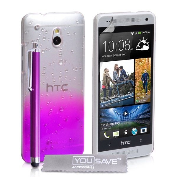 Yousave Accessories Raindrop Hard Cover with Stylus Pen for HTC One Mini - Purple/Clear