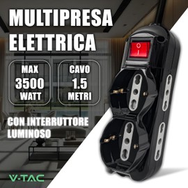 V-TAC Power Strip Black 6 Slots with Switch and Cable 1.5 m - 3 Side Sockets 10/16 A Double Pole and 3 Front 10/16 A Bypass Shuko - Power Strip for Home, Office - Plug 16 A -