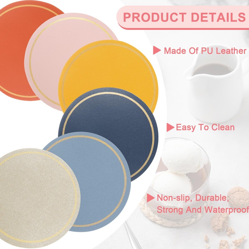 sourcing map 6 Pcs Leather Coasters, Round Drinks Coasters for