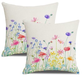 Spring Floral Pillow Covers 18x18 set of 2 Watercolor Summer Wild Flowers are in Full Bloom Throw Pillow Case Home Decorations Cushion Cover for Farmhouse Couch Bedroom Sofa Indoor Outdoor Decor