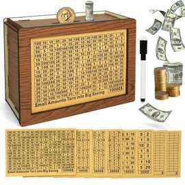 Wooden Money Saving Box-10000 Savings Challenge Box Cash Vault Piggy Bank for Adults Kids with 8 Saving Targets $10000 $5000 $3000 $2000 $1000 $500 Coin Bank Gift for Boys and Girls