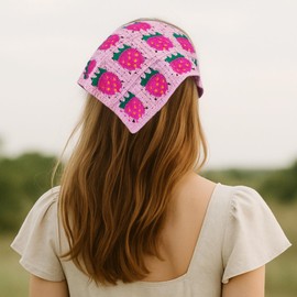 HFZRZFH 2-Piece Crochet Bandana Set, Handmade Knitted Hair Scarf with Cute Strawberry & Mushroom Pattern, Vintage Boho Headband, 70s Hippie Cottagecore Hair Accessories for Women Girls Festival Wear