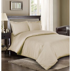 Royal Hotel's Striped Tan 300-Thread-Count 4pc Full Bed Sheet Set and 3pc Duvet-Cover-Sets 100-Percent Egyptian Cotton, Sateen Striped, Deep Pocket, 100% Cotton