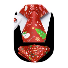 HISDERN Christmas Ties for Men Red Xmas Festival Tie and Pocket Square Cufflinks Holiday Season Party Santa Funny Neckties Handkerchief with Box
