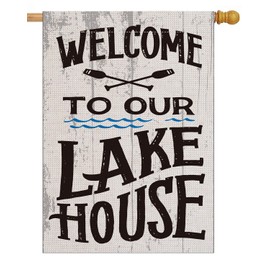 pingpi Welcome to Our Lake House Large House Flag Vertical Double Sided 28 x 40 Inch Summer Burlap Yard Outdoor Decor