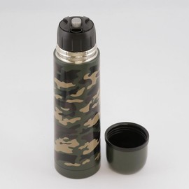 Bestco NQ-0131 Double Stainless Steel Bottle, 16.9 fl oz (500 ml), Khaki, Camo Water Bottle, with Cup, Camouflage Pattern