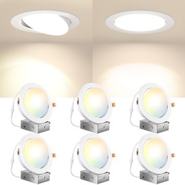 Amico 6 Pack 6 Inch Gimbal LED Recessed Lighting, 40° Tilt Adjustable Directional Canless Downlight, 2700K/3000K/3500K/4000K/5000K Selectable, Better Airtight, 15W 100W Eqv, 1100LM, ETL&FCC
