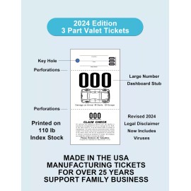 Valet Tickets .Com 3 Part Valet Parking Tickets (1000 Tickets) on 110lb Card Stock with Car Diag...