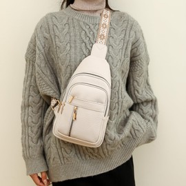 Nexum Sling Bag for Women Leather Crossbody Bag Women with Headphone Port Waterproof Chest Bag for Men Shoulder Purse for Travel Cycling Shopping (Khaki)