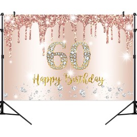 Canessioa 8x6ft Happy 60th Birthday Backdrop Rose Gold 60 Years Old Birthday Backdrop Banner for Women, 60th Birthday Party Suppiles Photography Background, Pink 60th Old Bday Poster Photo Decor