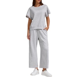 YETOWA Women’s Air Layer Fabric Two Piece Set Stylish Crop Top & Wide Leg 3/4 Pants Lounge Matching Tracksuit
