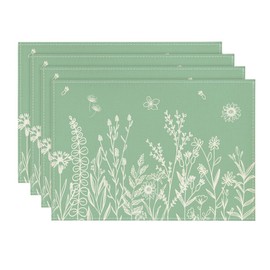 Artoid Mode Sage Green Leaves Flowers Spring Placemats Set of 4,12x18 Inch Seasonal Spring Table Mats for Party Kitchen Dining Decoration