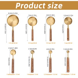 8pcs Stainless Steel Measuring Cups and Spoons Set, Metal Measuring Cup Set with Acacia Wood Handle Gold Kitchen Accessories for Kitchen Dry & Liquid Cooking Baking