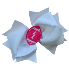 Girls Football Hair Bow 4.5 Inch Embroidered Football Team Hair Bow (White Bow with Hot Pink Ball)
