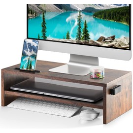 Marbrasse Monitor Stand Riser, 16.5 Inch 2 Tier Computer Monitor Stand, Printer Shelf Stand for Laptop Computer Screen Storage, Desktop Stand with Phone Holder and Cable Management (Vintage)