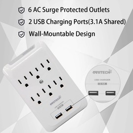 OviiTech Multi-Function Wall Mount Adapter, Surge Protector Charging Station, Dual 3.1AMP USB Charging Ports,6 AC Socket Outlet Plugs,White