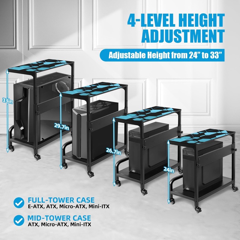 Adjustable Computer Tower Stand Large with Guardrail, 2 Tier Gaming