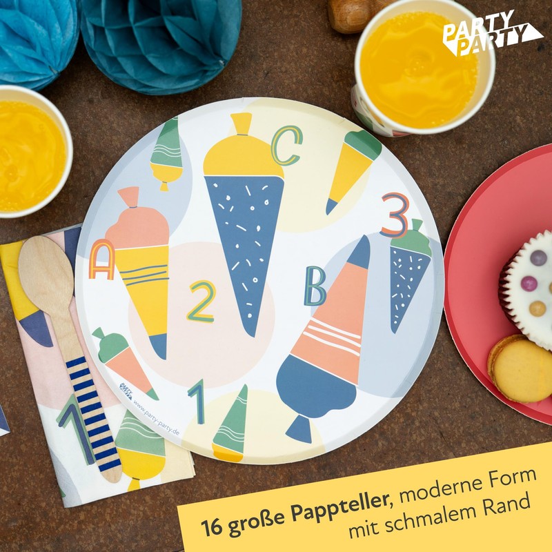 PARTY PARTY Pack of 16 Paper Plates Motif School Cone,