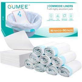 OUMEE Commode Liners with Absorbent Pads, 90 Bedside Commode Liners and 90 Pads for Commode Bucket, Disposable Commode Bags for Adults, Portable Leak-Proof Potty Chair Liners