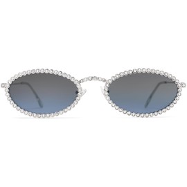 SOJOS Retro Oval Rhinestone Slim Sunglasses for Women 90s Styles Bling Disco Trendy Sunglasses for Women with Small Face Style SJ1205, silver