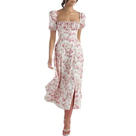 Linsery Women Floral Maxi Dress with Puff Sleeve Elegant Square Neck Cottagecore Boho Dresses Floral White Small