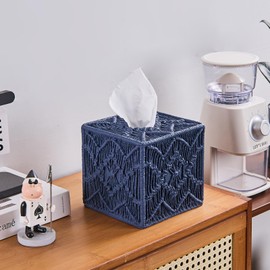 Klein Blue Woven Macrame Boho Square Tissue Box Cover, Resin Tissue Box Holder for Bathroom Countertop, Vanity, Tabletop, Bedroom Night Stand, Office and Living Room Decorative