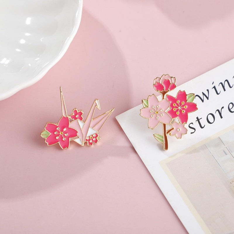 KaminoKa Cherry Blossom and Folding Cranes, Pin Badge, Illustration Style,