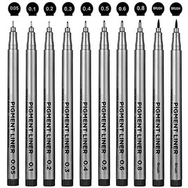 SAYEEC Fineliner Pens with Brush Set 10 Assorted Nib Size Micro Liner Inking Pens Permanent Markers for Journal Sketching Drawing Drafting Designer Art Manga Comic