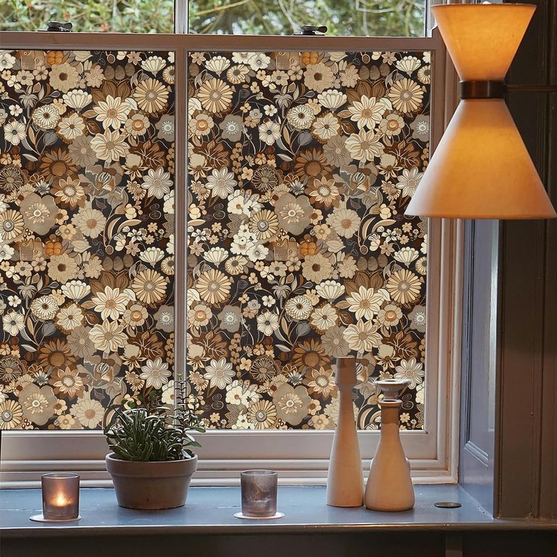 Boho Brown White Daisy Flowers Stained Glass Window Films Decorative