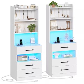 Tall Night Stands, Nightstand with Charging Station, LED Bedside Table,White