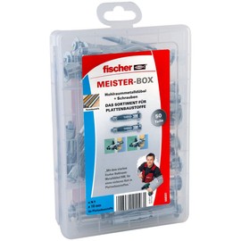 fischer Meister-Box Assortment Box with 50 Hollow Metal Dowels and Screws, Suitable for Panel Building Materials, Practical Set, Dowel Box for DIY Enthusiasts and Professionals