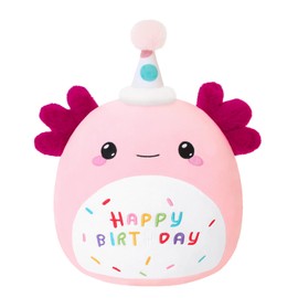 SQEQE Axolotl Stuffed Animal Toy Happy Birthday Axolotl Plush Pink Birthday Axolotl Plushies Doll Home Decor for Girls Boys Kids(Pink Axolotl, 10 Inch)