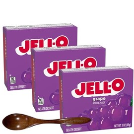 Instant Gelatin Dessert Mix - 3 oz Boxes (Pack of 3) - With Candy Freezer Wooden Spoon (Grape) - Wooden Spoon