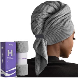 Umisleep - Toalla de pelo de microfibra extragrande para mujer, pelo largo, rizado y grueso, súper suave, anti encrespamiento, secado rápido, turbante de pelo ultra absorbente con banda elástica gris
