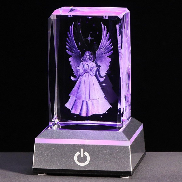 YWHL 3D Crystal Guardian Angel Figurine with Colorful Light Base, Laser Engraved Glass Angel Gifts, Collectible Figurines