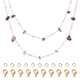 Beadthoven 3.28 Feet Natural Amethyst Chips Beaded Chains 1mm Healing Crystal Gemstone Brass Paperclip Link Chains Plastic Pearl Beaded Chain with Lobster Clasps Jump Rings for Jewelry Making Necklace