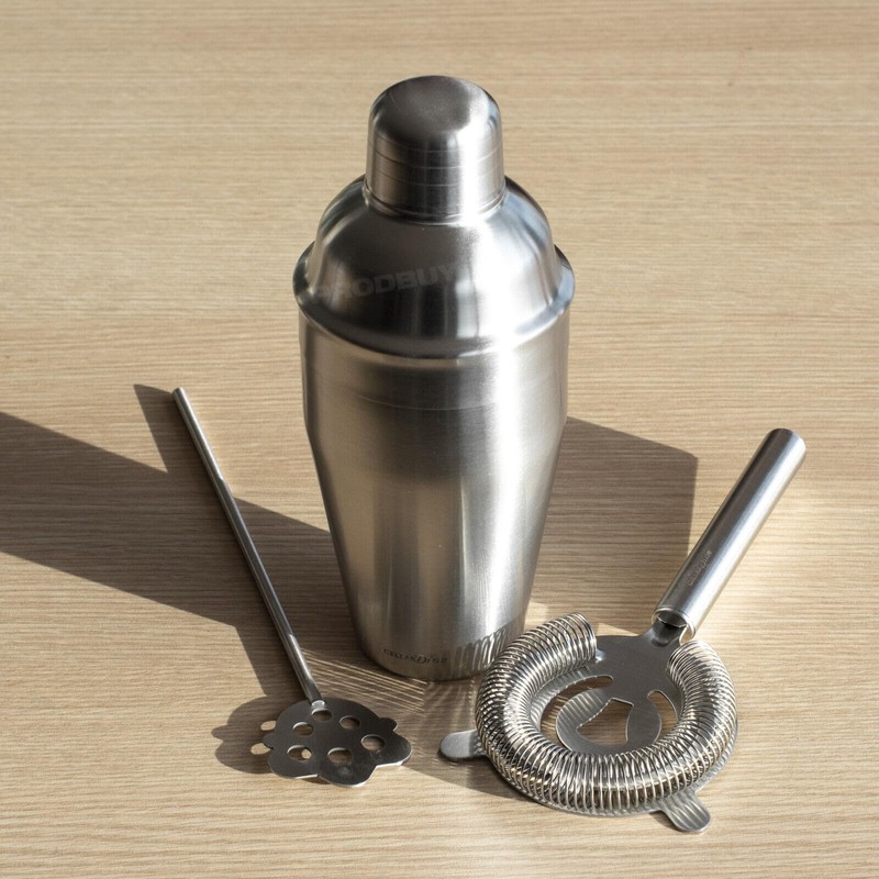 3 Piece Cocktail Shaker Set Kit Stirrer & Strainer Stainless
