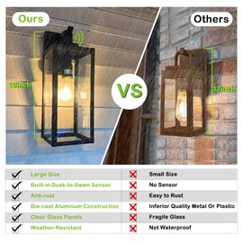 hykolity Large Size Dusk to Dawn Outdoor Wall Lanterns, 18 Inch Outdoor Wall Light Fixtures, Matte Black Porch Lights, Exterior Wall Lighting, Architectural Outdoor Sconces, ETL Listed, 2 Pack