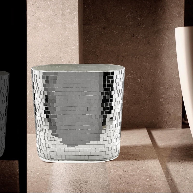 WDHODEC Silver Mirror Mosaic Trash Can (9.8" Tall) | Narrow