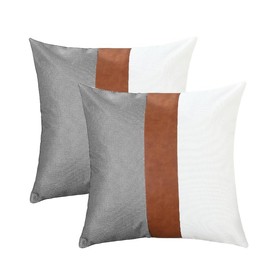 TAOSON Set of 2 Cotton Canvas Patchwork Faux Leather Throw Pillow Covers 18x18 Inch Modern Brown Stripe Cushion Covers Farmhouse Decor Pillow Cases for Couch Living Room Bed Sofa Decor Grey White