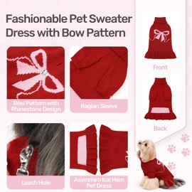 WOYYHO Dog Christmas Sweater Dress for Small Dogs Girl with Bows Pattern Red S (5-9 lbs) Dog Sweaters Clothes Fall Winter Dogs Dresses with Leash Hole Outfit for Puppy Chihuahua Yorkie Dachshund