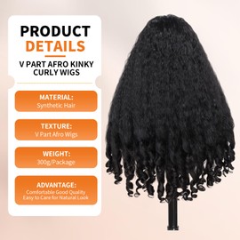 Yacurcur Afro Wig V Part Kinky Curly Wigs for Black Women 180% Density Wear and Go Glueless Wig with Unique Bouncy Curls in the End Synthetic Black No Leave out Clip in 24 Inch(#1B)