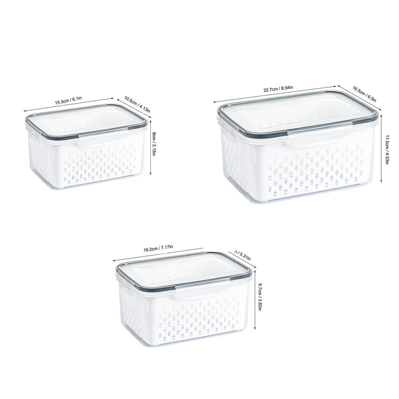 3pcs Drain Storage Basket Box, Fruit Vegetable Storage Container, Transparent
