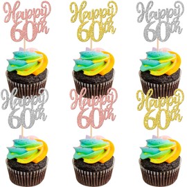 24 piezas de decoraciones para magdalenas 60, doradas, oro rosa, plata, purpurina, sesenta víctimas a 60 púas de magdalenas, 60 fabulosas decoraciones para tartas de cumpleaños número 60 para 60 cumpleaños, bodas, aniversarios y fiestas