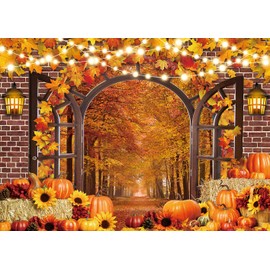 Fall Window Backdrop Autumn Harvest Pumpkins Maple Leaves Fall Forest Scene Brick Wall Window Photography Background Thanksgiving Family Party Decorations Supplies Photo Booth Props 7x5FT