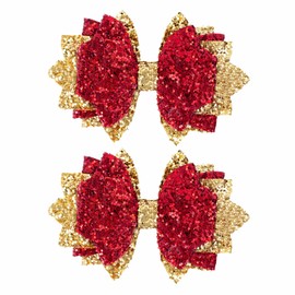 Glitter Hair Bows for Girls - Sparkly Bling Sequin Hair Clips Handmade Hair Bow Clips Non-slip Alligator Clips Hair Accessories for Christmas, Xmas, Holiday, Birthday - Red & Gold