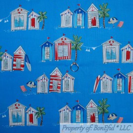 Michael Miller Fabrics BonEful FABRIC FQ Cotton Quilt Blue Scenic Beach Hut Ocean Island Tropical House