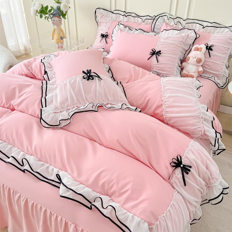 IHOUSTRIY Pink Duvet Cover Full Size, Ruffle Beddding Set with