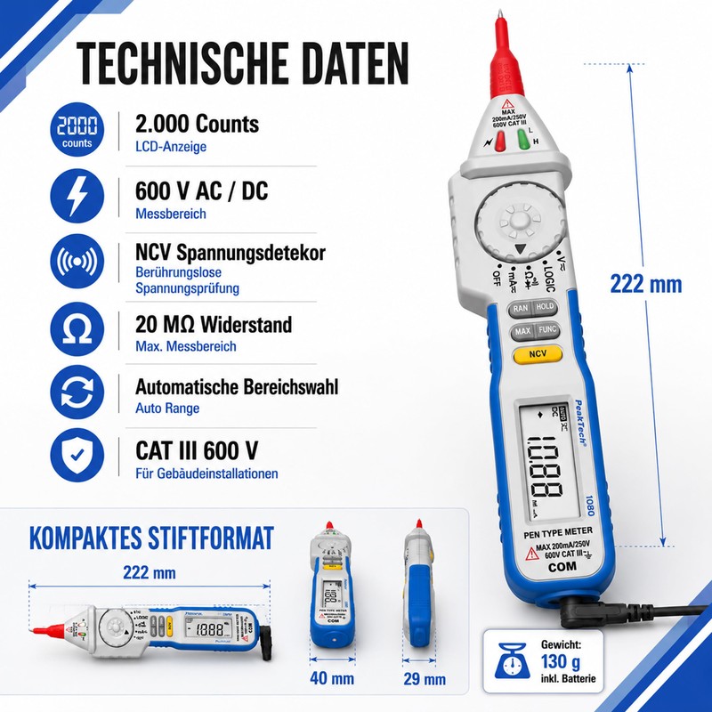 Peak Tech 3 1/2 Digit Pen Digital Multimeter with Voltage