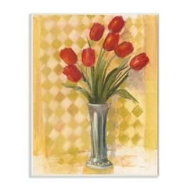 Stupell Industries Red Tulip Vase Over Yellow Checker Plaid, Design by Carol Rowan Wall Plaque, 10 x 15